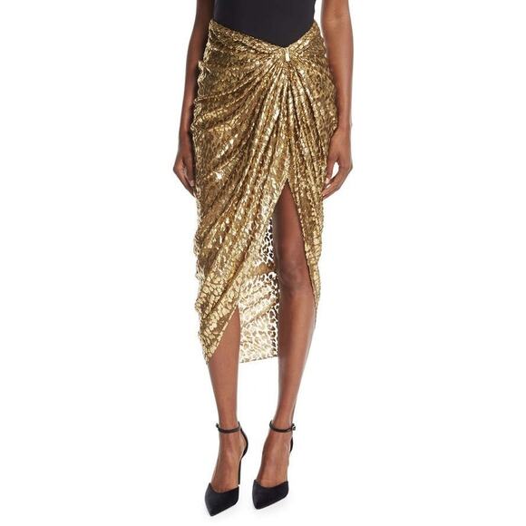 Michael Kors Metallic Gold Silk Cheetah Fil Coupe Draped Sarong Skirt Size 8 - Picture 1 of 10